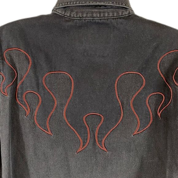 VTG Y2K Harley Davidson Motorcycle 2004-3W/3X Denim Button Jacket Black w Flame - Picture 6 of 11